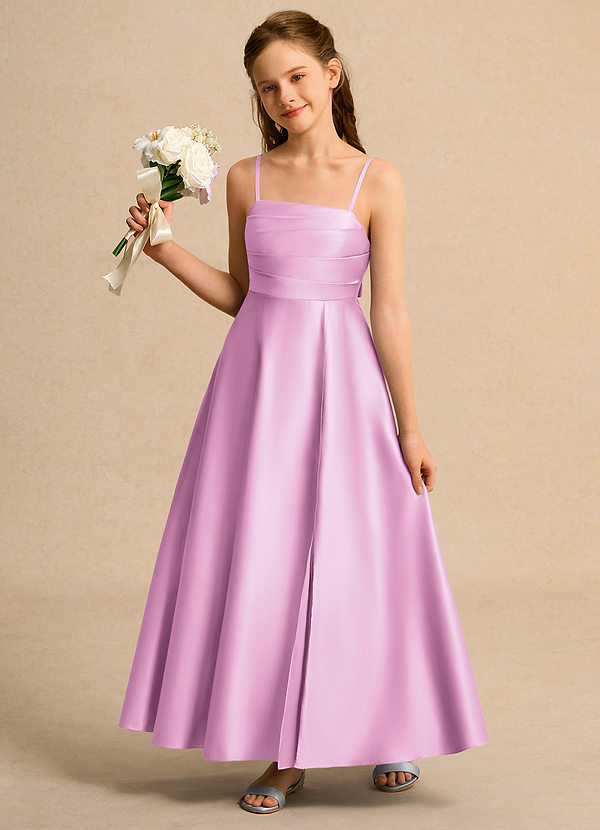 Azazie Pebbles Junior Formal Vestidos de Niña de Flores Vestido de Rosa Caramelo de Satin Mate de Corte En A con Plisado image1