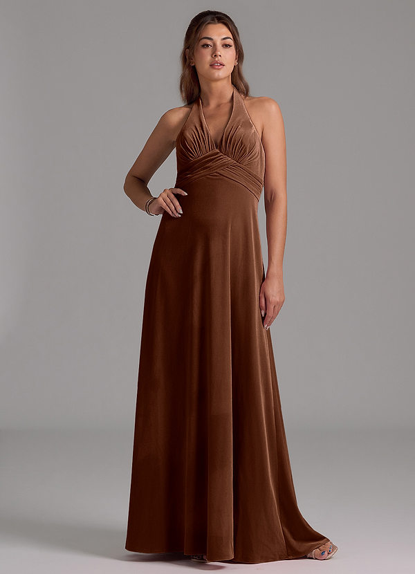 Azazie Tessie Vestidos Dama de Honor Vestido de Ocre Oscuro de terciopelo de Corte en A con Plisado image1