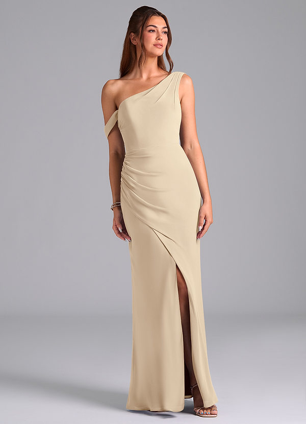 Azazie Madelyn Robes Demoiselle d'honneur Robe Sirène Convertible en Mousseline de soie Ue épaule Champagne image1