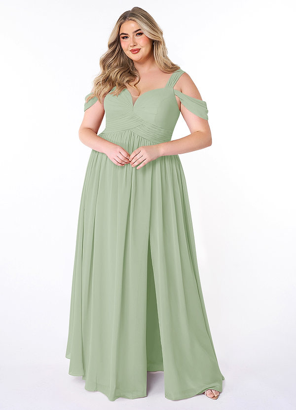 Azazie Lianne Bridesmaid Dresses Dusty Sage A-Line Off the Shoulder Chiffon Dress image1