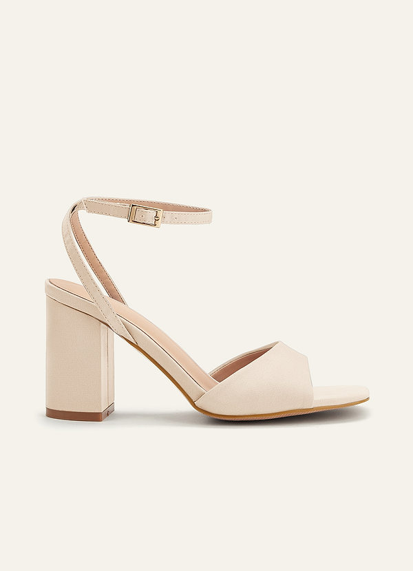 front 매칭 컬러 스트레치 새틴 스퀘어 토 블록 힐