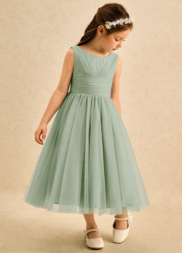 Azazie Macaron Bloemenmeisjes Jurken A-Lijn Jurk van Tule Geplooid Stoffige Salie image1