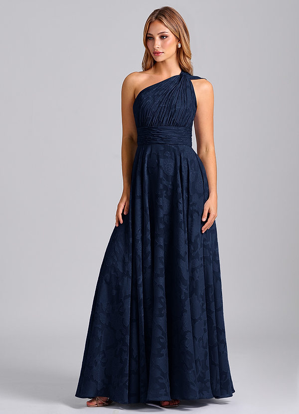 Azazie Charlize Bridesmaid Dresses Dark Navy A-Line One Shoulder Floral Burnout Dress image1