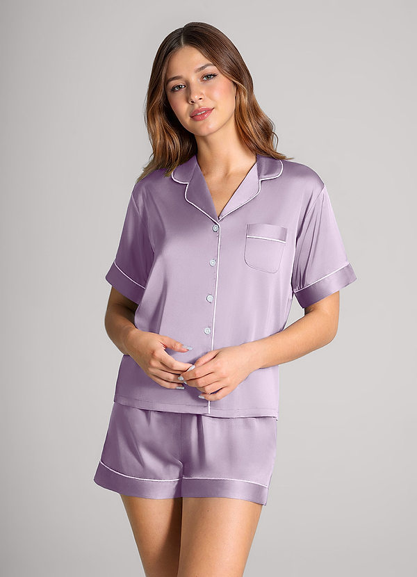 front Matching Color Satin Contrast Piping Pajama Set