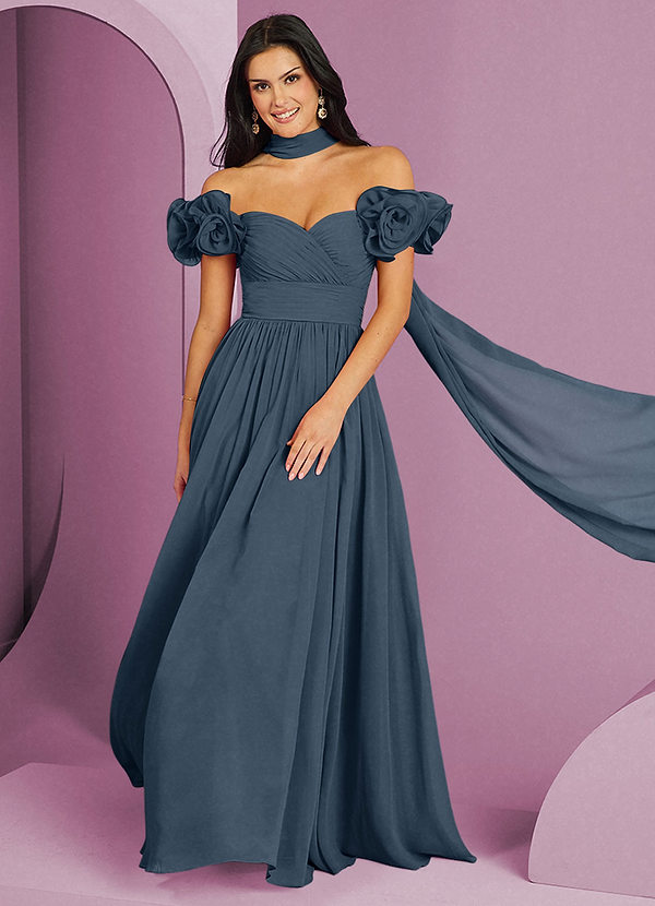 Barbie ♥ Azazie Suknie dla druhen Rozkloszowana sukienka z odkrytymi ramionami, falbaną i rozetkami image1