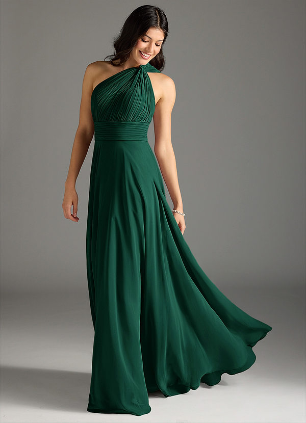 Azazie Charlize Bridesmaid Dresses Emerald A-Line One Shoulder Chiffon Dress image1