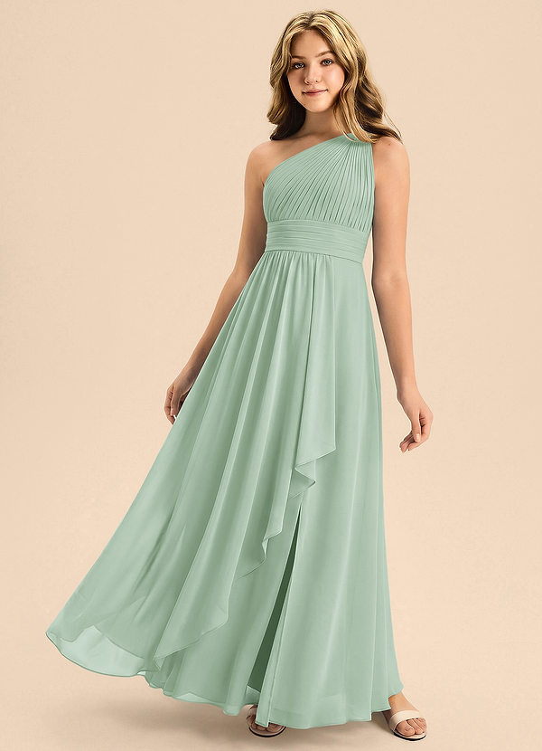Azazie Skye Junior Agave A-Line Pleated Chiffon Dress image1