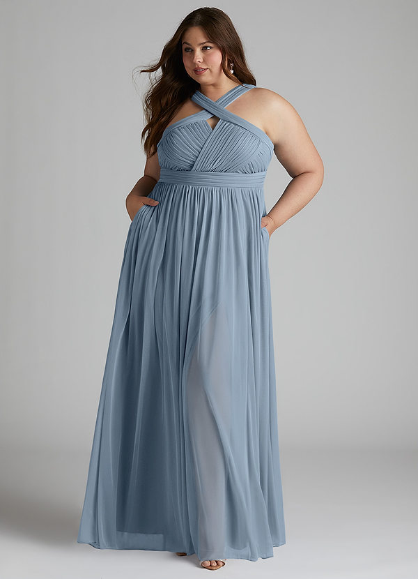 Azazie Hillian Robes Demoiselle d'honneur Robe Trapèze en Maille Dos nu plissé Bleu Poussiéreux image1