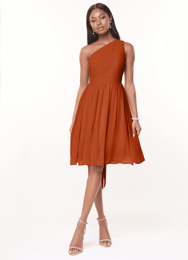 Azazie Katrina Bridesmaid Dresses Burnt Orange A-Line One Shoulder Chiffon Dress image1