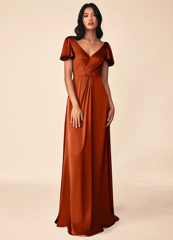 Azazie Soren Bridesmaid Dresses Paprika A-Line Pleated Stretch Satin Dress image1