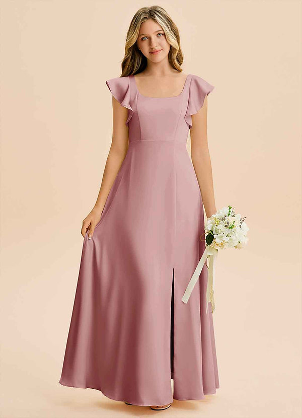 Azazie Bondi Junior Dusty Rose A-Line Side Slit Stretch Satin Dress image1