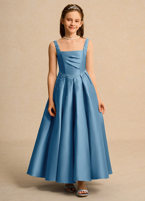 Azazie Mochi Girl Flower Girl Dresses Steel Blue Ball-Gown Pleated Matte Satin Dress image1