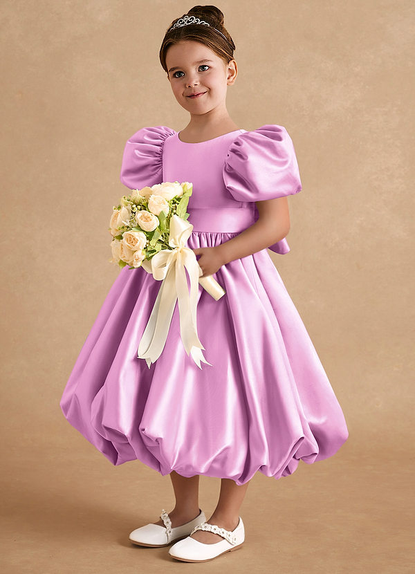 Azazie Jellybean Flower Girl Dresses Candy Pink Ball-Gown Ruched Matte Satin Dress image1