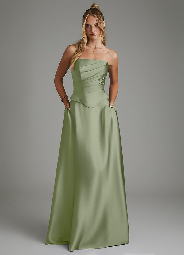 Azazie Amina Bridesmaid Dresses Pistachio A-Line Corset Stretch Satin Dress image1