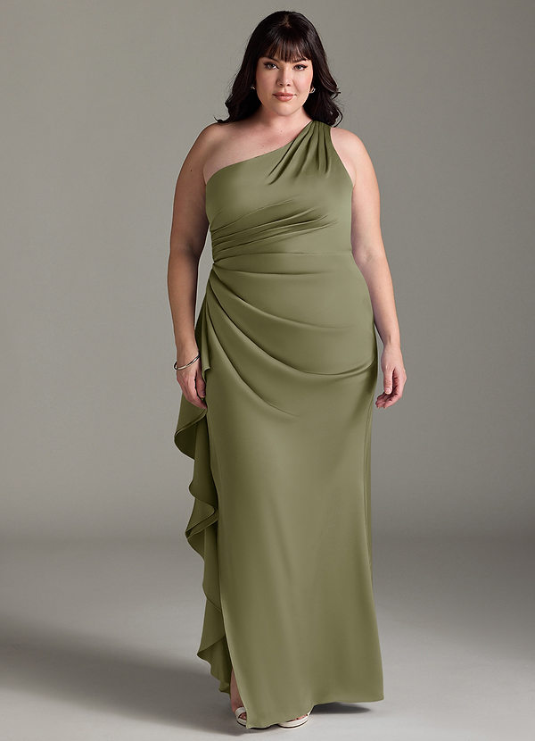 Azazie Latrice Bruidsmeisjes Jurken Jurk van Stretch Satijn met Kolom Eén schouder trapsgewijze ruches Pistache image1