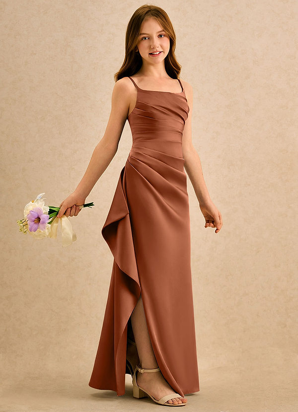 Azazie Cannoli Girls Formal Vestidos de Niña de Flores Vestido de Cobre de Satén Elástico de Corte en A con Plisado image1