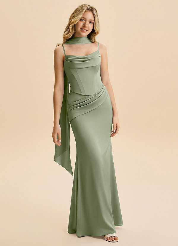 Azazie Sorrel Junior Abito Sirena in Raso Elasticizzato Drappeggiato Pistacchio image1