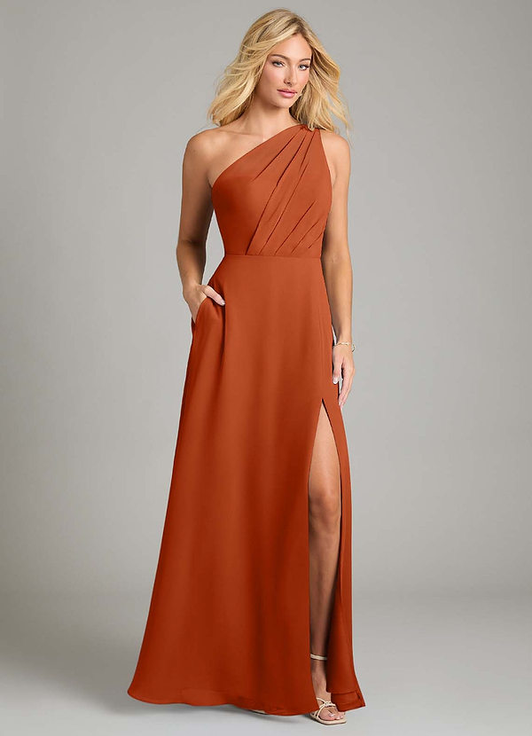 Azazie Phaedra Bridesmaid Dresses Burnt Orange A-Line One Shoulder Chiffon Dress image1