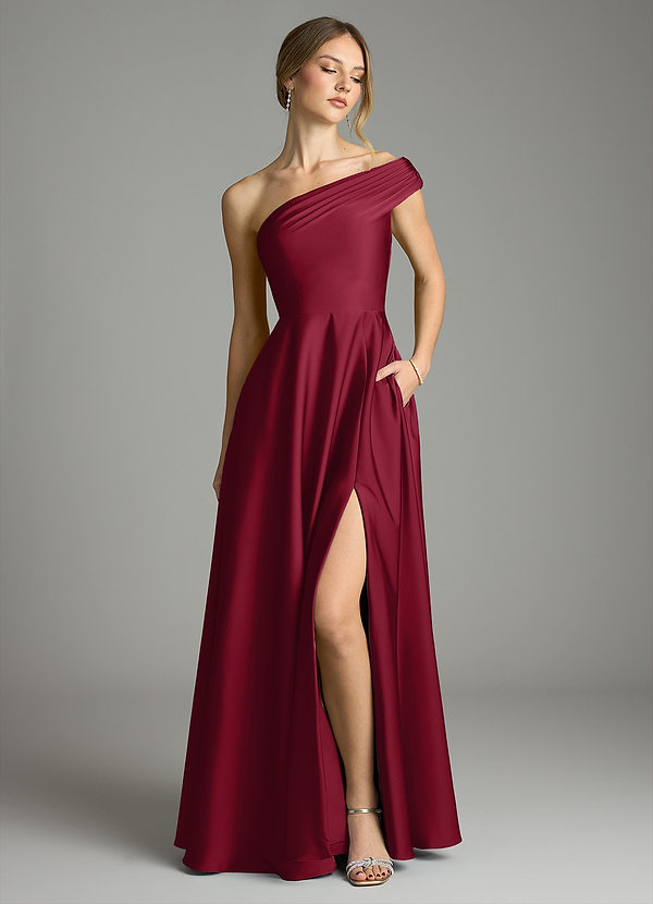 Azazie Melanie Bridesmaid Dresses Burgundy A-Line Off the Shoulder Stretch Satin Dress image1