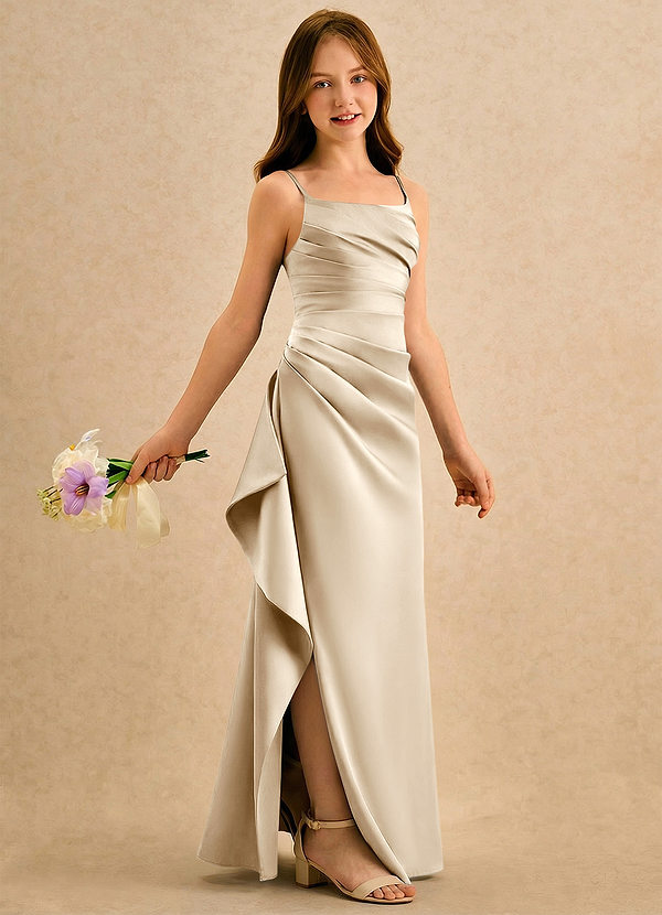 Azazie Cannoli Girls Formal Kukkaistyttöjen mekot A-linja Pliseerattu Matta satiini Lattian pituus Pukeutua image1