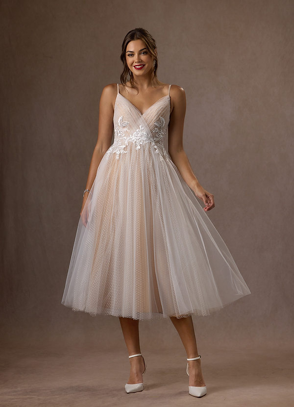 Azazie Liana Brautkleider A-Linie V-Hals Pailletten Tüll Kleid Diamantweiß Nude image1