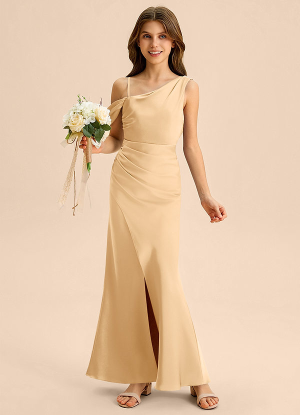 Azazie Madelyn Junior Robe Fourreau en Satin extensible Épaule décolletée Or image1