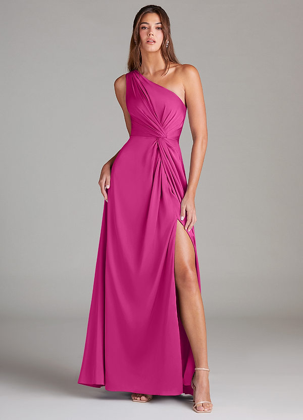 Azazie Brooke Bridesmaid Dresses Fuchsia A-Line One Shoulder Stretch Satin Dress image1