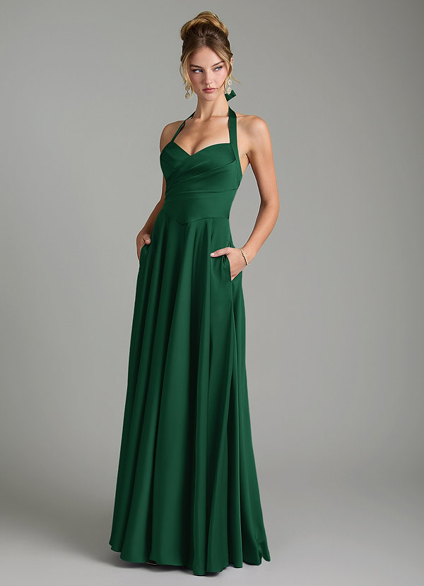 Azazie Tenaya Robes de demoiselle d'honneur Robe Trapèze en Satin extensible Décolleté en cœur Vert Foncé image1