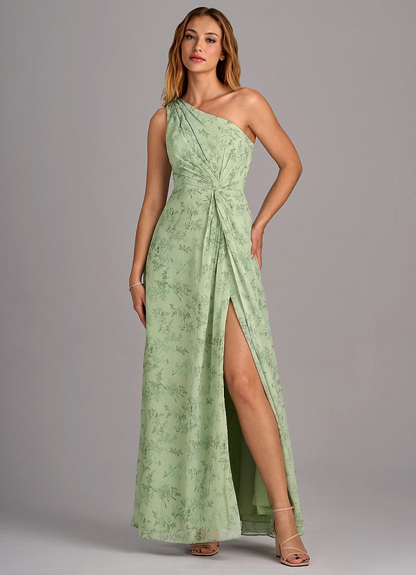 Azazie Brooke Bridesmaid Dresses Green Fern Floral A-Line One Shoulder Chiffon Dress image1