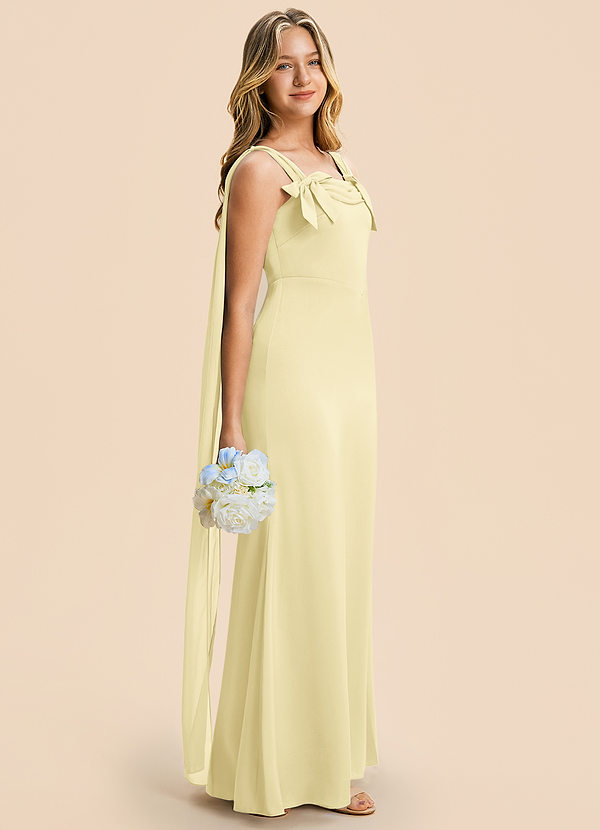 Azazie Chelsea Junior Lemon Sorbet Sheath Pleated Stretch Satin Dress image1