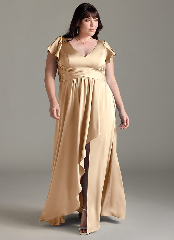 Azazie Omari Bruidsmeisjes Jurken Jurk van Stretch Satijn met A-Lijn Champagne image1