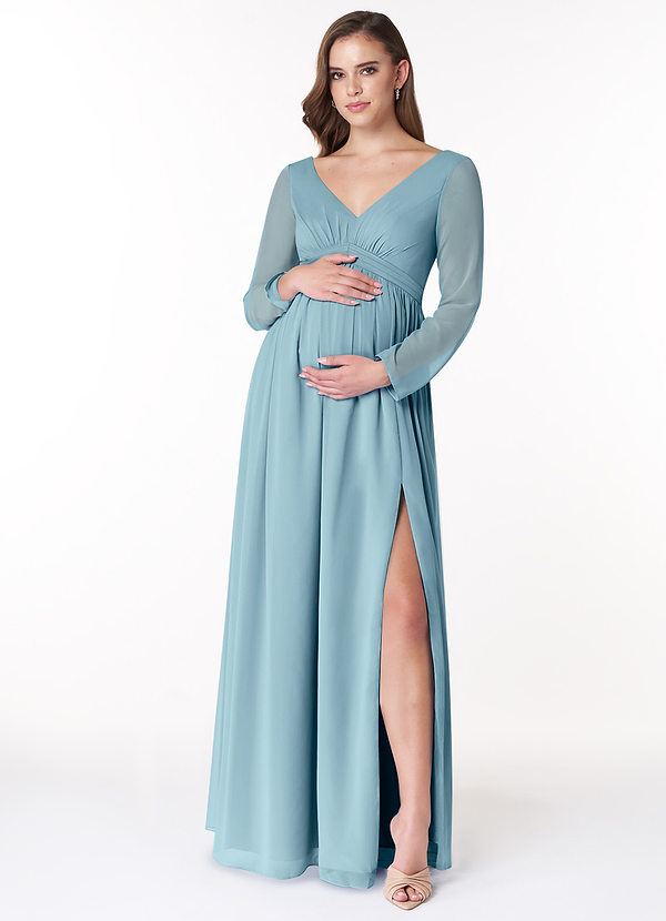 Azazie Teton Maternity Bridesmaid Dresses A-Line Long Sleeve Chiffon Floor-Length Dress image1
