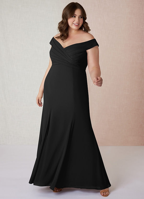 Azazie Lecia Bridesmaid Dresses Black Empire Off-The-Shoulder Pleated Chiffon Convertible Dress image1