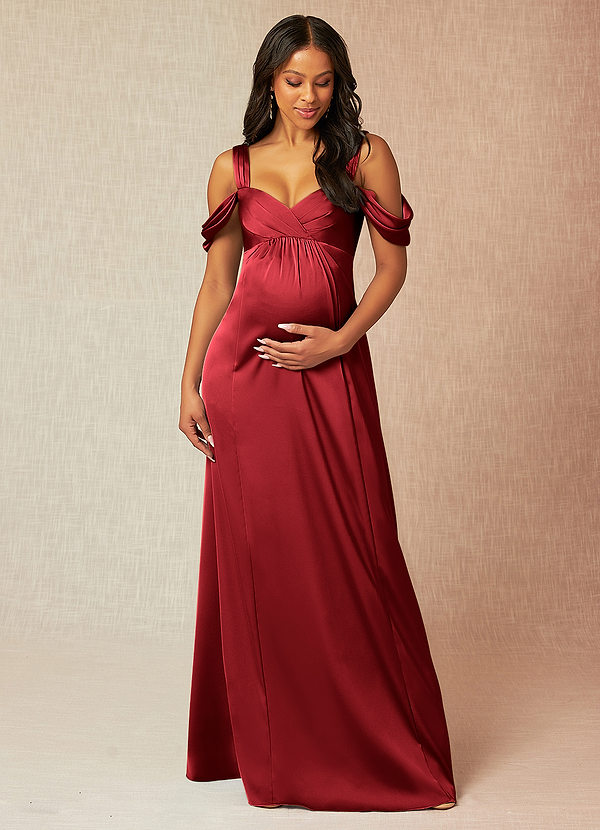 Azazie Rhea Robes de demoiselle d'honneur maternité Robe Trapèze Épaule nue plissée Longueur ras du sol Satin extensible image1