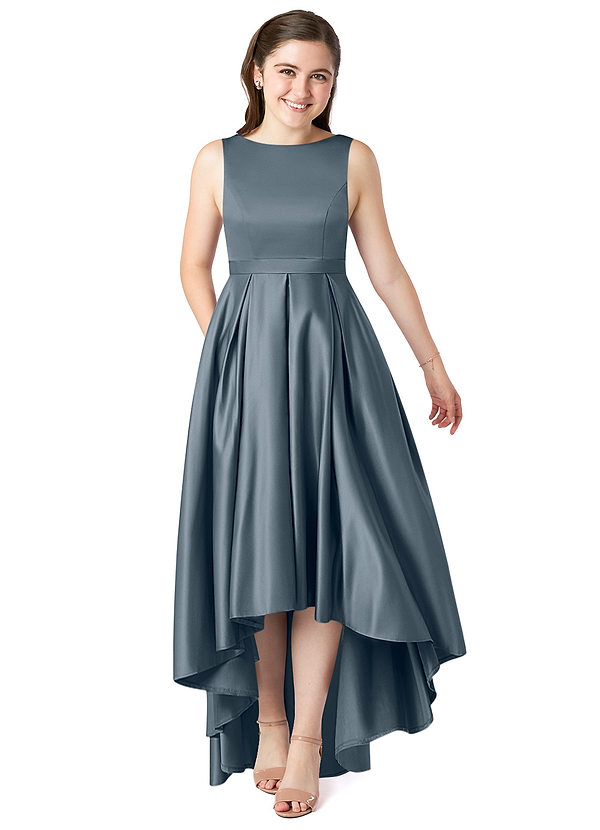 Azazie Inaya Junior Twilight A-Line with Belt Stretch Satin Dress image1