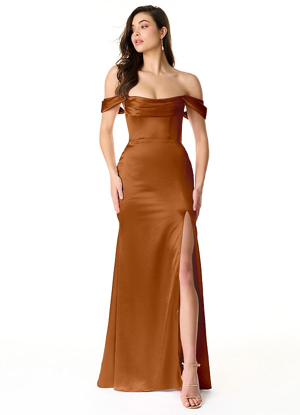 Azazie Liv Bridesmaid Dresses Copper Fitted Convertible Metallic Satin Dress image1