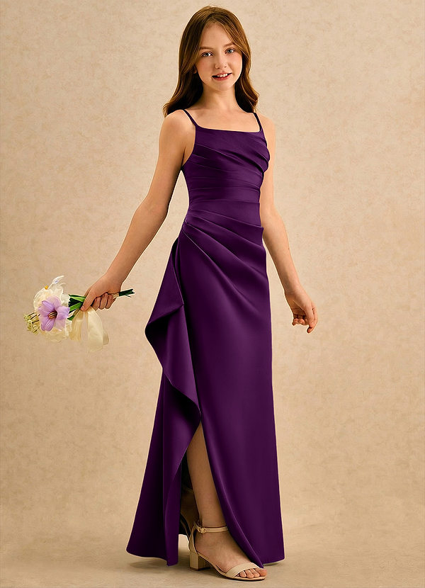 Azazie Cannoli Girls Formal Sukienki dla dziewczynek sypiących kwiaty Linia A Pofałdowany Matowy satynowy Długość podłogi Sukienka image1