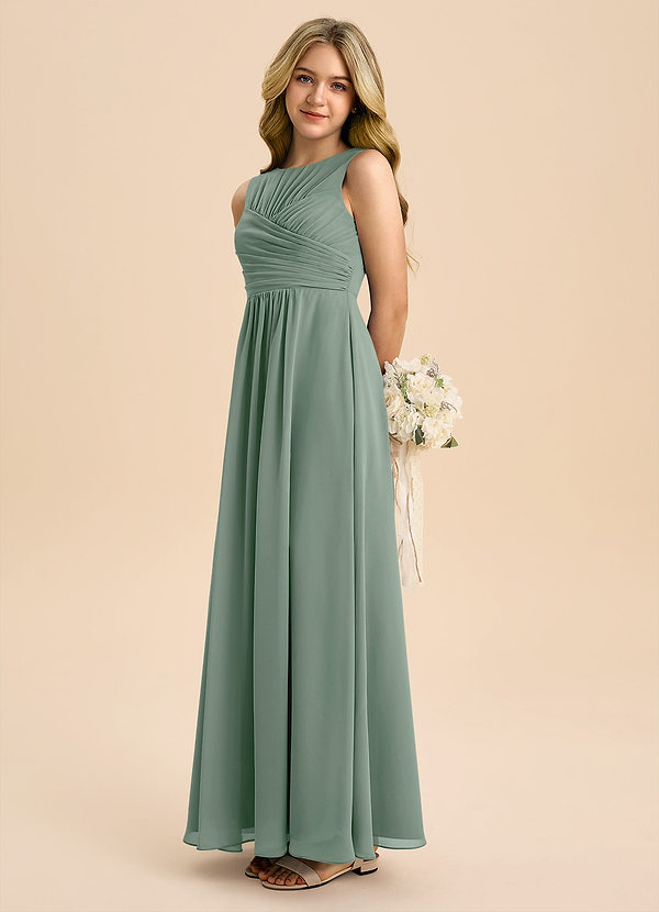 Azazie Skyla Junior Silver Sage A-Line Pleated Chiffon Dress image1