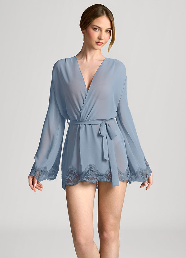 front Stoffig Blauw Chiffon ochtendjas met geschulpte kanten afwerking