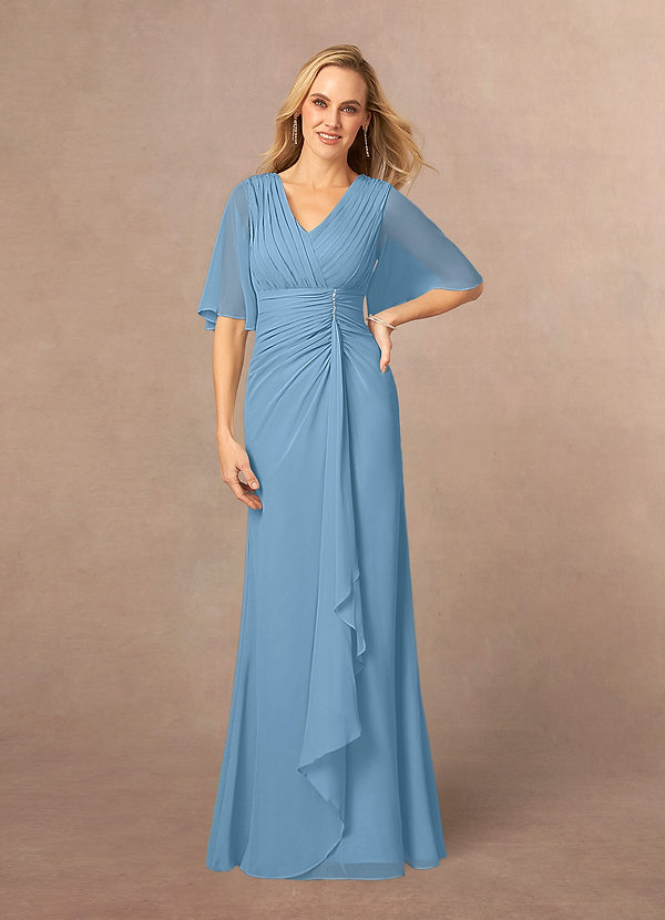 Azazie Carson Brautmutterkleider A-Linie V-Hals Spitze Chiffon Kleid Stahlblau image1