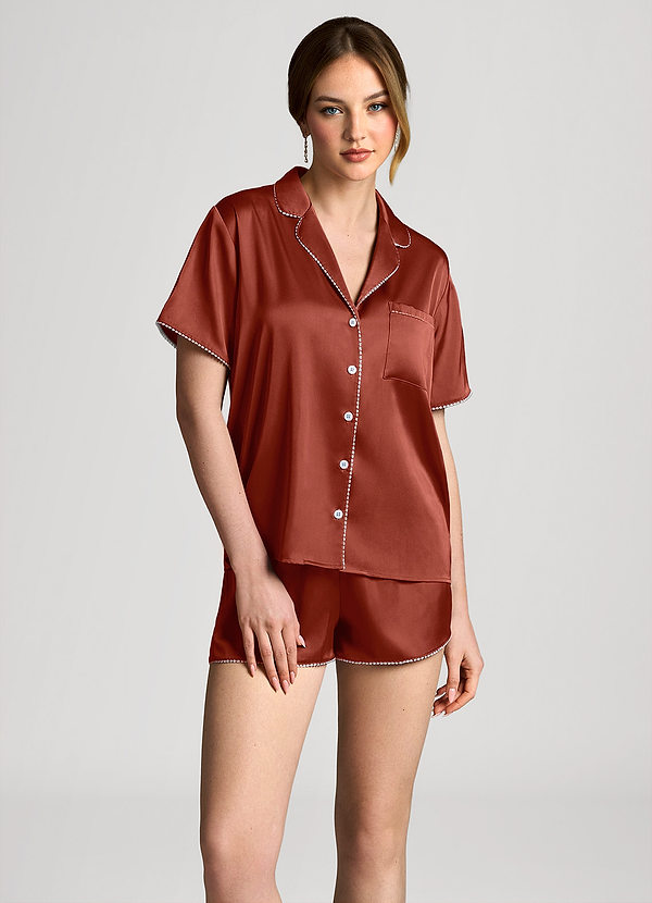 front Terracotta Satin Lurex Trim Short Sleeve Pajama Set