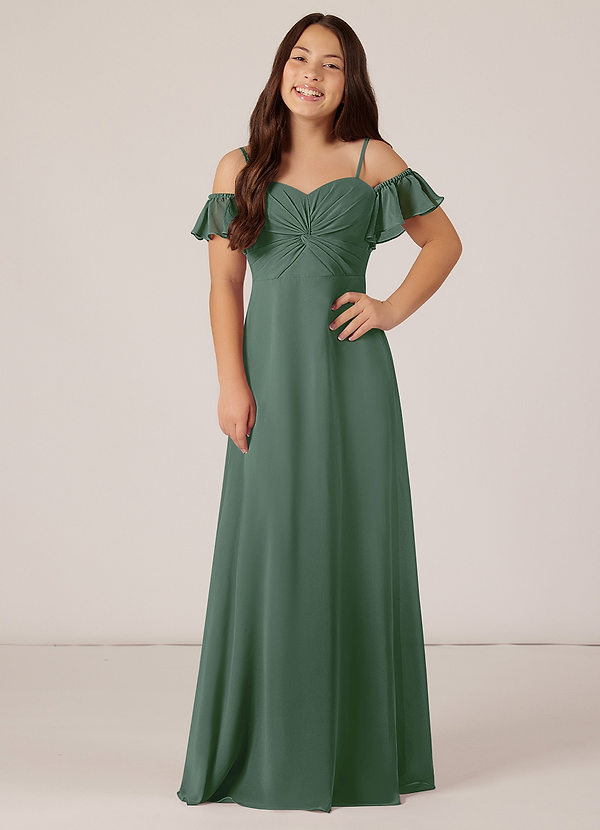 Azazie Juna Junior Eucalyptus A-Line Off the Shoulder Chiffon Dress image1