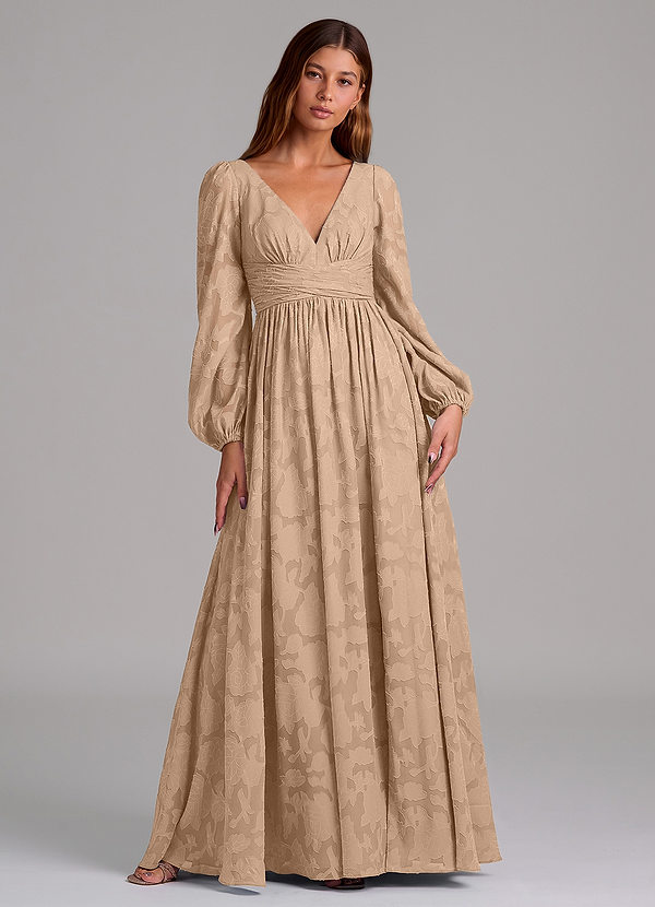 Azazie Norah 신부 들러리 드레스 A라인 긴팔 플로럴 번아웃 바닥 길이 드레스 image1