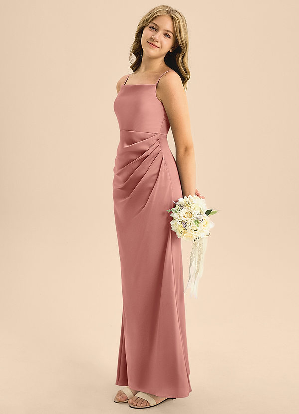 Azazie Renna Junior Rosette A-Line Pleated Stretch Satin Dress image1