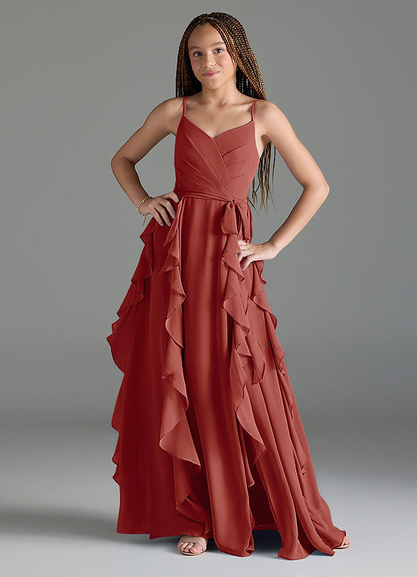 Azazie Peyton Junior Terracotta A-Line V-Neck Cascading Ruffles Chiffon Dress image1