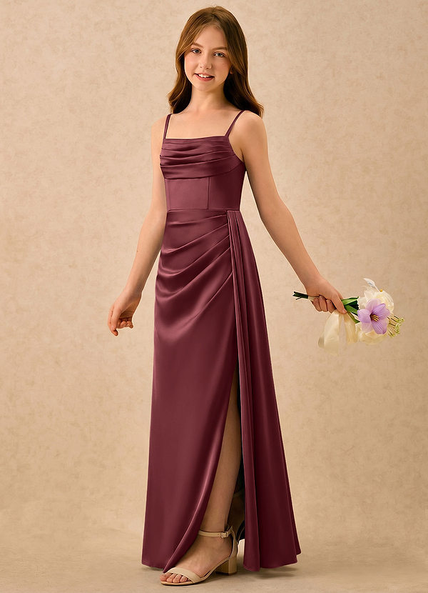 Azazie Shyla Girls Formal Flower Girl Dresses Merlot Sheath Pleated Stretch Satin Dress image1