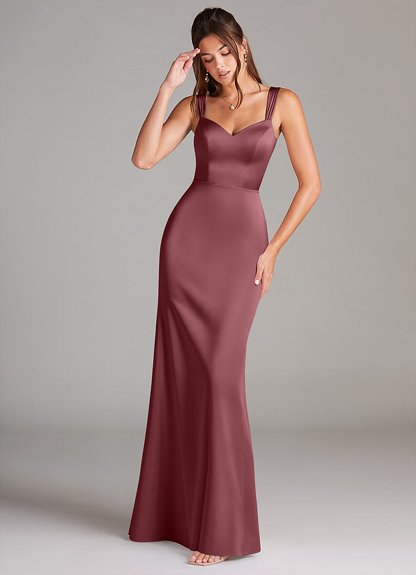 Azazie Denice Robes Demoiselle d'honneur Robe Fourreau en Satin extensible Plissée Rose Du Désert image1