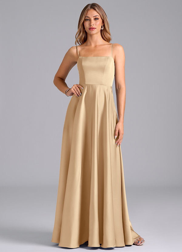 Azazie Elita Bridesmaid Dresses Champagne A-Line Pleated Stretch Satin Dress image1