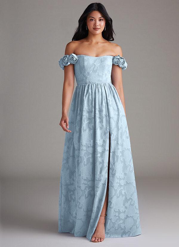 Azazie Autumn Robes Demoiselle d'honneur Robe Trapèze Convertible en Blumen-Burnout Épaule décolletée Bleu Ciel image1