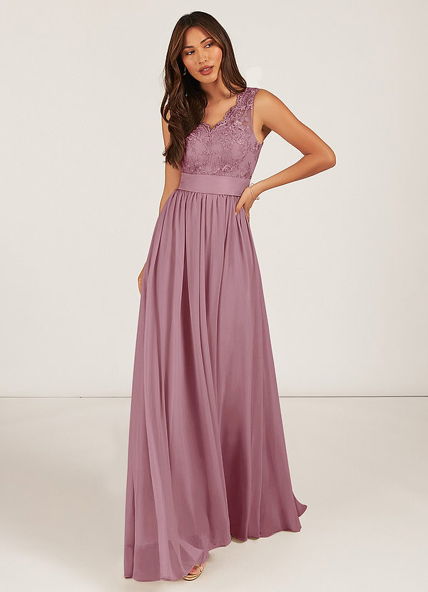 Azazie Gertrude Bridesmaid Dresses Vintage Mauve A-Line Lace Chiffon Dress image1